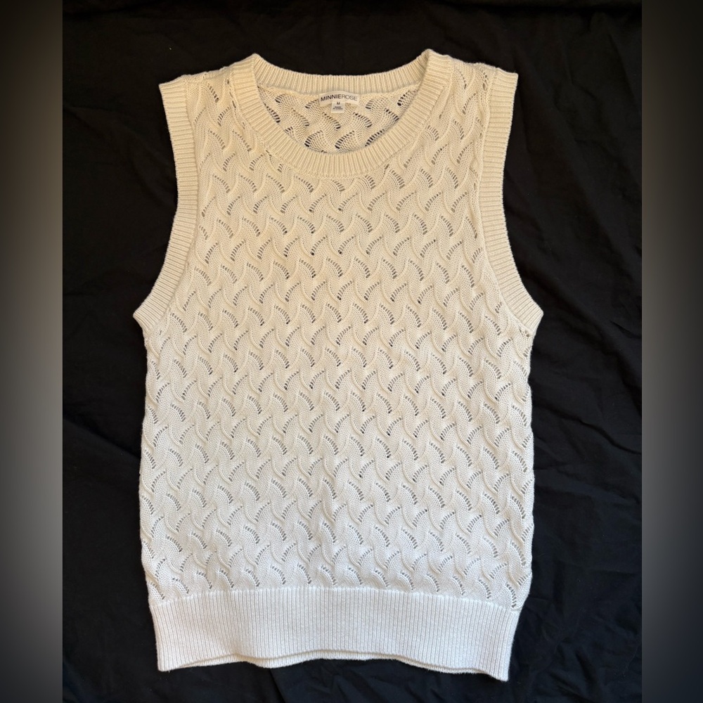 Minnie Rose Cotton Cashmere Open Knit Sleeveless Sweater Top White Sz M Tank